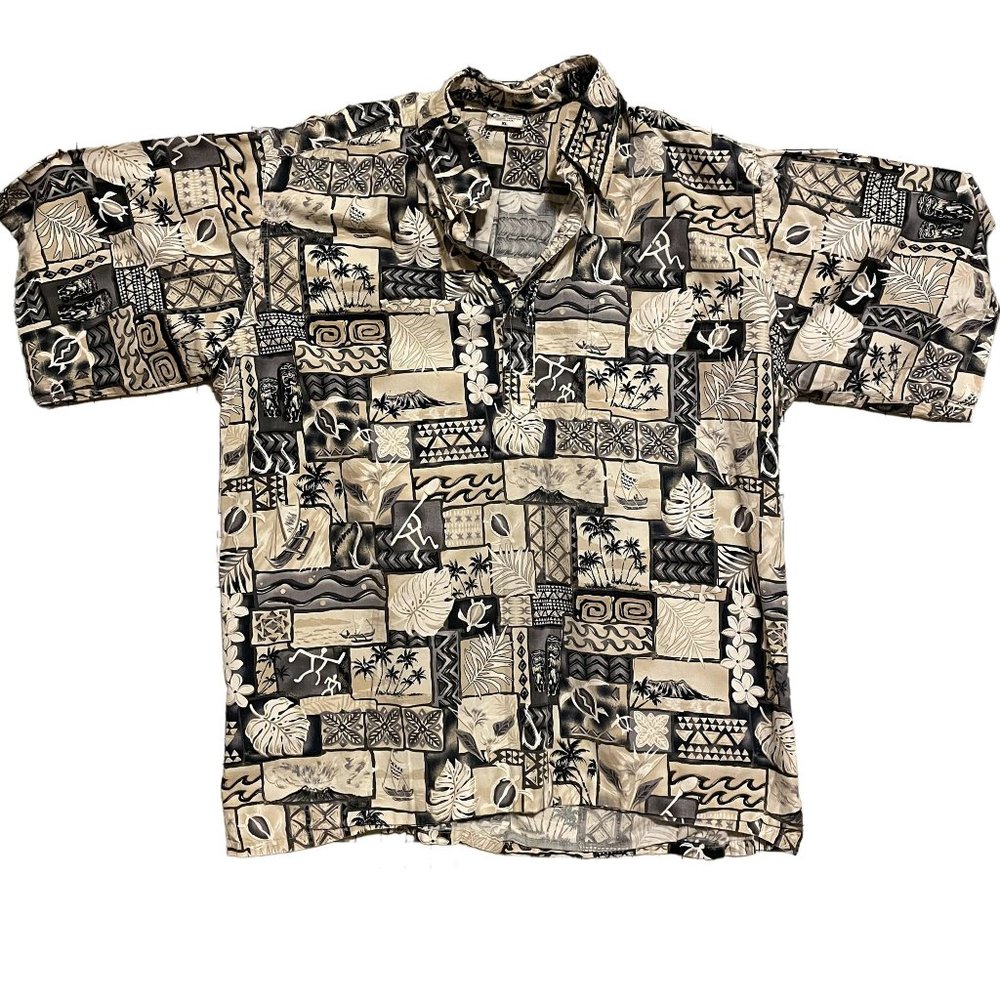 Barefoot in Paradise Blue and Tan Tapa Print 100% Cotton Men's Hawaiian Shirt XL